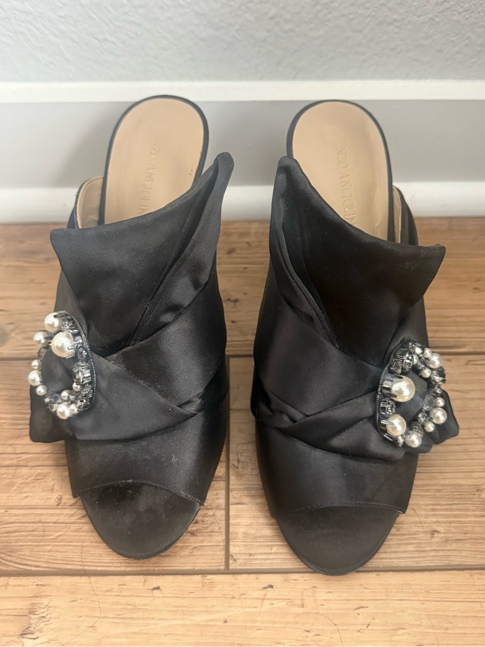 Black Satin Jeweled Mule Heels - Women's Slip-On Dress Shoes